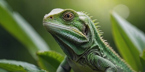 Obraz premium Green lizard on green leaf, sunny sky background.
