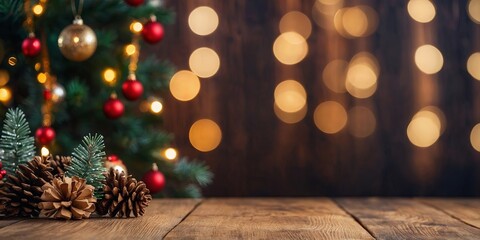 Empty wood table top with blur Christmas decorations with bokeh light background.