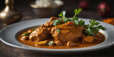 Traditional, comforting full chicken curry dish with authentic recipe, beautifully presented with a blurred background.