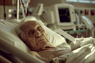 Obraz premium A senior patient rests in a hospital bed with various medical devices visible, illustrating a serene yet clinical healthcare setting focused on patient well-being.
