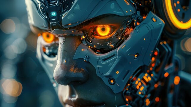 A man with a robotic face with yellow eyes