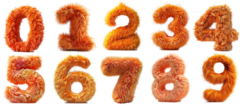 Fluffy fur signs of numbers from 0 to 9, isolated on transparent background, design elements