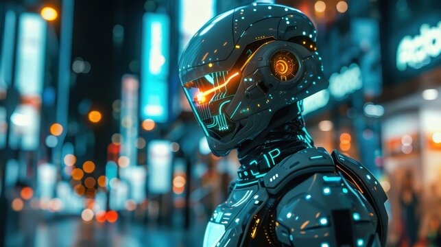 A robot with a glowing head stands in front of a city street