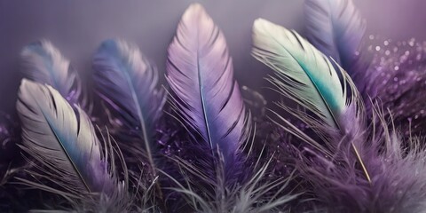 Fototapeta premium The soft and dreamy purple background enhanced by the colorful feathers.