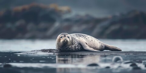 Obraz premium Closeup of a harbor seal resting on the shore