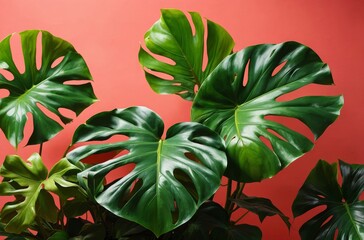 Obraz premium Close-up of vibrant green monstera plant with leaves on red background