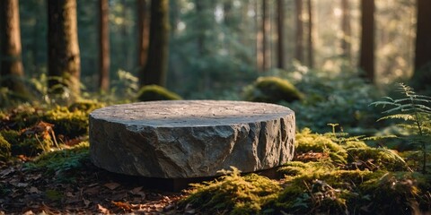 Obraz premium Flat stone podium in the magical forest , empty round stand background, product mockup.