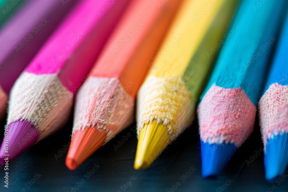 Poster a detailed close-up image of bright and colorful pencils lying side by side. the vibrant colors and 