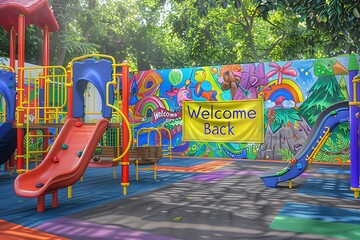A school playground with colorful equipment, a "Welcome Back" banner, and vibrant murals on the walls