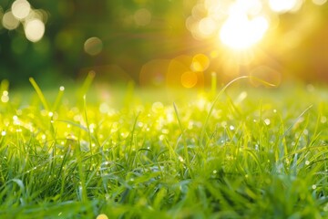 Obraz premium Close-up of radiant green grass blades with morning dew drops glistening under the golden light of the sun, creating a fresh and invigorating natural scene.