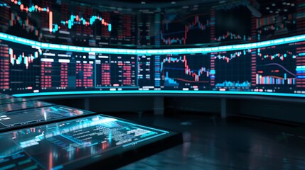 Immersive stock trading control center with holographic market data and insights. 3D render, cinematic lighting, dark tones.