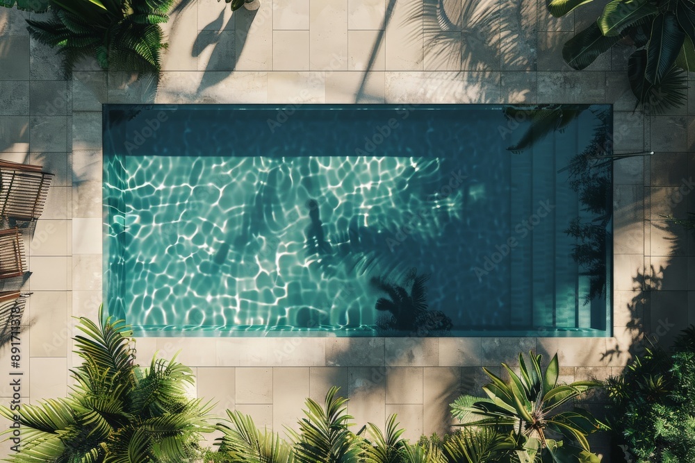 Poster this image captures a serene swimming pool bordered by lush green foliage, emanating an aura of tran