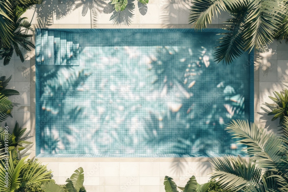 Poster a refreshing poolside image showcasing the vibrant tropical plants around a stunning pool, embodying