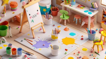 Colorful Isometric Illustration of a Creative Kindergarten Art Room
