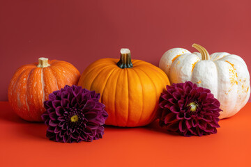 colorful autumn display with a variety of pumpkins and vibrant  crimson dahlias on a red fabric background