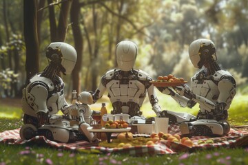 A group of humanoid robots are gathered for a picnic in a forested area, enjoying a meal together