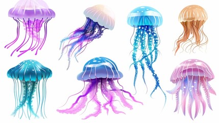 Set of jellyfish cartoon under sea, isolated on transparent or white background. Fish isolated on white. Photo realistic photo.