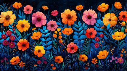 Cartoon flower with leaf vector illustration on black background, printed in mixed media style, light orange and indigo