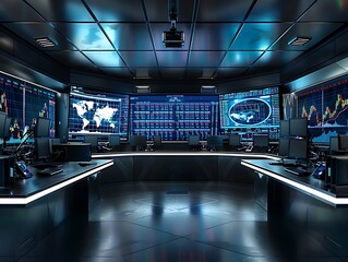 Immersive stock trading command center with holographic market visualizations. 3D render, cinematic lighting, dark tones.