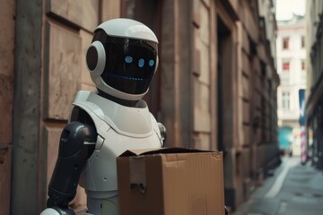 A white robot holds a cardboard package while walking down a narrow city alleyway