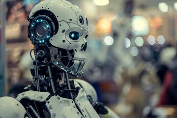 Fototapeta premium A white robot head is shown in close-up, with its blue-glowing eyes and complex mechanical design