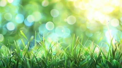 Obraz premium Abstract spring or summer background with fresh grass, Outdoor nature banner. Copy space, artistic image with a bokeh, illustration