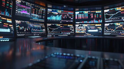 Immersive stock trading control center with holographic market visualizations. 3D render, cinematic lighting, dark tones.