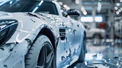 Fototapeta premium Auto body repair work, before and after shots of dents and damage repair, Side view of damaged white car in repair shop, close-up on textured effects of body filler, auto body maintenance.