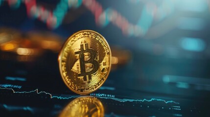 Bitcoin gold coin and defocused chart background, cryptocurrency bitcoin halving concept. The economic growth and basic financial investment business