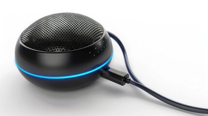 Black Bluetooth speaker with power blue lead on white background. EPS10 vector illusration.