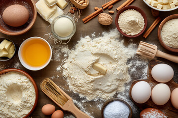 Baking Ingredients Displayed on Wooden Tabletop