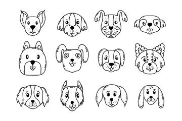 Collection of dog faces in doodle  style on white background.