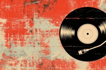 a vinyl record on a red and black background