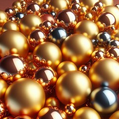 Shiny colored balls abstract background, 3d gold metallic glossy spheres wallpaper.