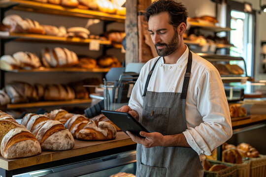Bakery Employee Taking Online Orders Using Tablet