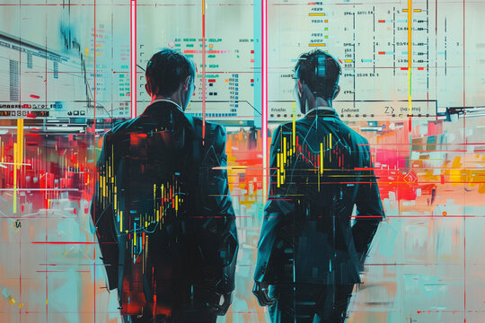 Deux traders en costume devant la bourse des valeurs (stock exchange) : peinture g&eacute;om&eacute;trique color&eacute;e et math&eacute;matique, pour entreprise de banque, assurance, finance, investissement, immobilier