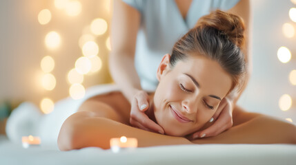 Obraz premium Woman enjoying a relaxing massage at a spa, surrounded by soothing ambient lights, reflecting tranquility and pampering