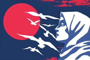 a woman with a head scarf and birds flying in the background