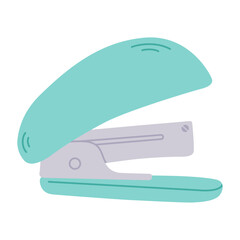 Green plastic stapler. Device for fastening sheets. Office and school equipment, stationery. Stationery tool for office paperwork or education. Vector illustration in flat kawaii style.