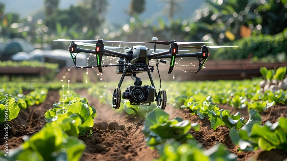 Poster smart farming, agriculture integrated with artificial intelligence and advanced machinery, showcasin