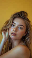Obraz premium Natural Beauty Portrait of Young Woman with Freckles and Blonde Hair Against Yellow Background