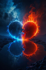 Burning heart. Ice and flame. Fantasy landscape.