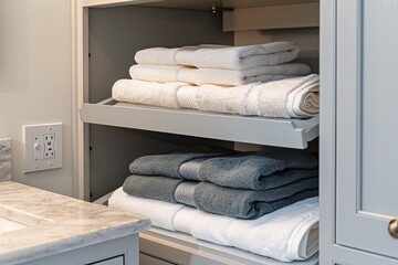 Neatly Folded Towels in a Modern Bathroom Linen Closet