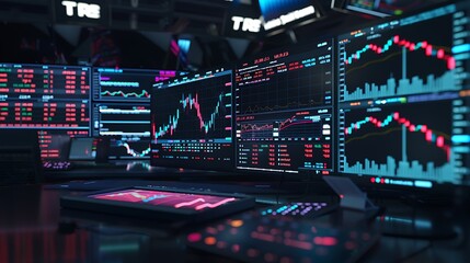 Immersive stock trading control center with holographic market data and insights. 3D render, cinematic lighting, dark tones.