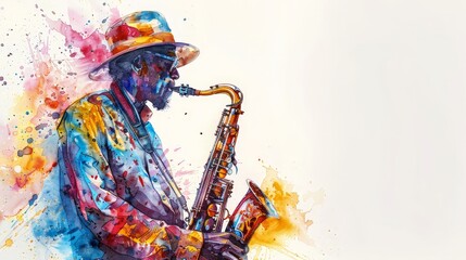 Watercolor illustration of a street performer with a saxophone and colorful attire, isolated on a white background