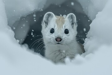 An arctic ermine with sharp eyes emerging from its snow-covered den, alert and ready to hunt in a pristine winter setting.






