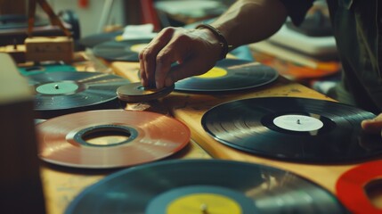 Obraz premium Crafting Stylish Wall Clocks: Close-up of Person Turning Old Records into Timepieces