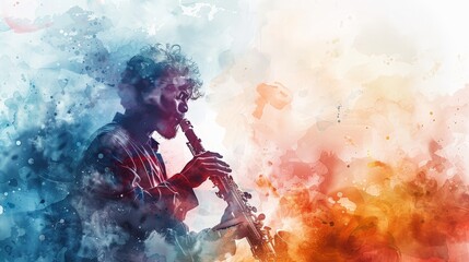 Isolated watercolor image of a clarinetist with intricate details and a soothing color palette on a white background