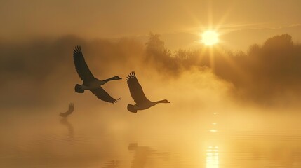Serene Sunrise Over Misty Lake with Flying Birds