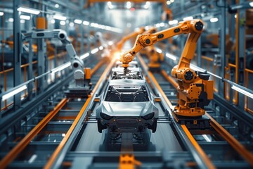 Robotic arms working automatically to assemble cars on a futuristic production line, showcasing advanced industrial technology.






